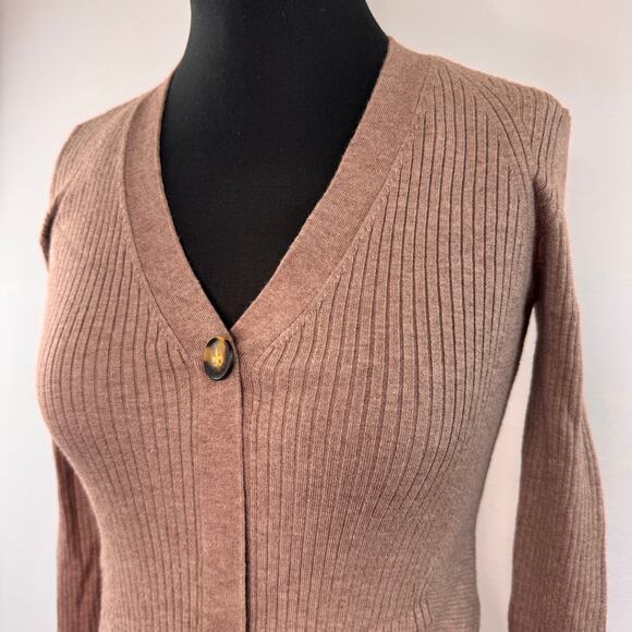 Magaschoni Brown Cardigan Sweater Dress Ribbed Knit Front Button Sz X-Small NEW - Picture 2 of 6